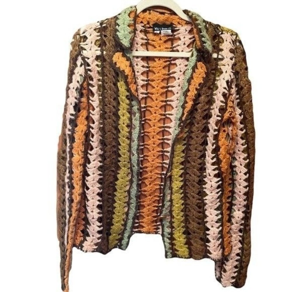 Will's River Co Crochet Cardigan Long Sleeve Brown Orange Green Pink Stripe Sz S
